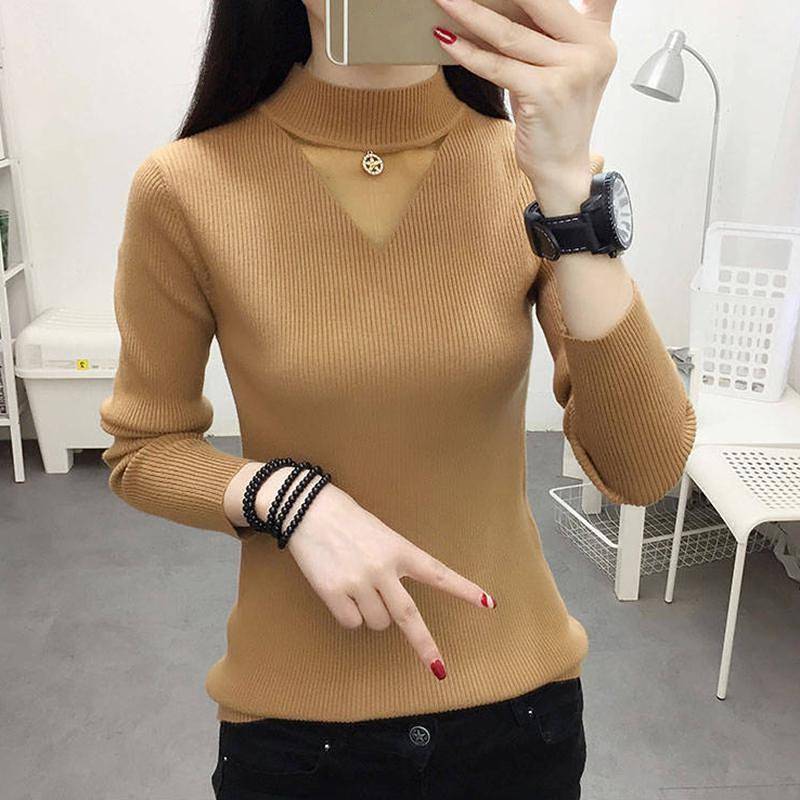 Neue Damen Rollkragenpullover Schlank Strickpullover Winter Hohl Gaze Gelb Pullover Tops Dünne Strickwaren Pendeln Unterhemd S von Joom DACH