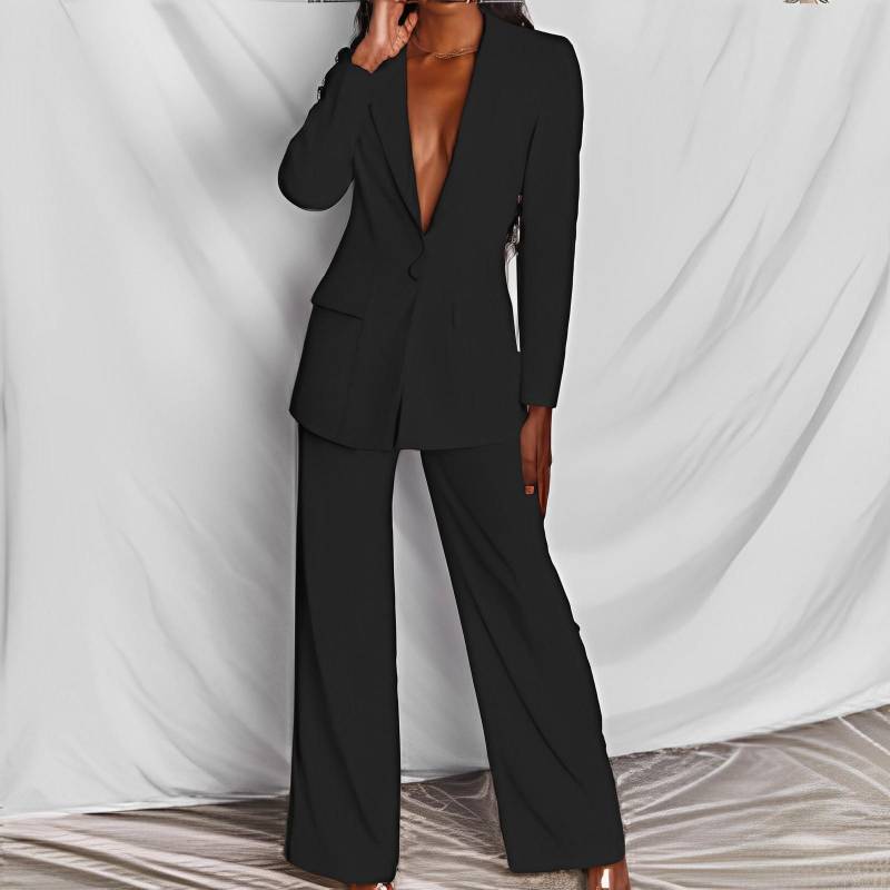 Neue Damen-Sets, elegant, solide Hose mit hoher Taille und langärmeliger Büro-Blazer, 2-teilig XXXL schwarz von Joom DACH