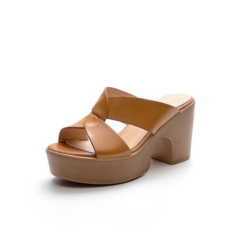 Neue Damen Strand Keilabsatz Pantoletten Schuhe Mode Peeptoe Damen High Heels Sommer Echtes Leder Damen Plateau Hausschuhe 9cm 39 apricot von Joom DACH