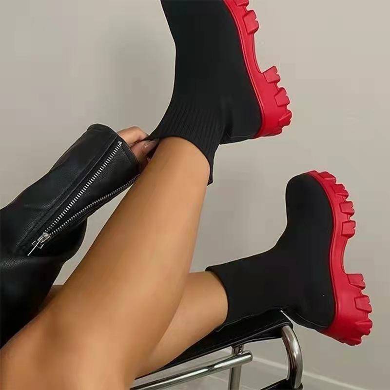 Neue Damen Winterstiefel: Grenzüberschreitende fliegende gewebte Sportstiefel, Sockenstiefel in großen Größen für unabhängige Damenmode. 37 schwarz/rot von Joom DACH