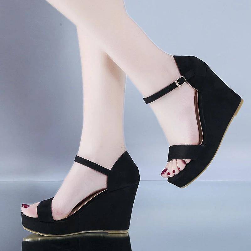 Neue Damenschuhe Plateau Sandalen Damen Peep Toe Hohe Keilabsatz Knöchelschnallen Sandalia Espadrilles Weibliche Sandalen Schuhe 38 schwarz von Joom DACH