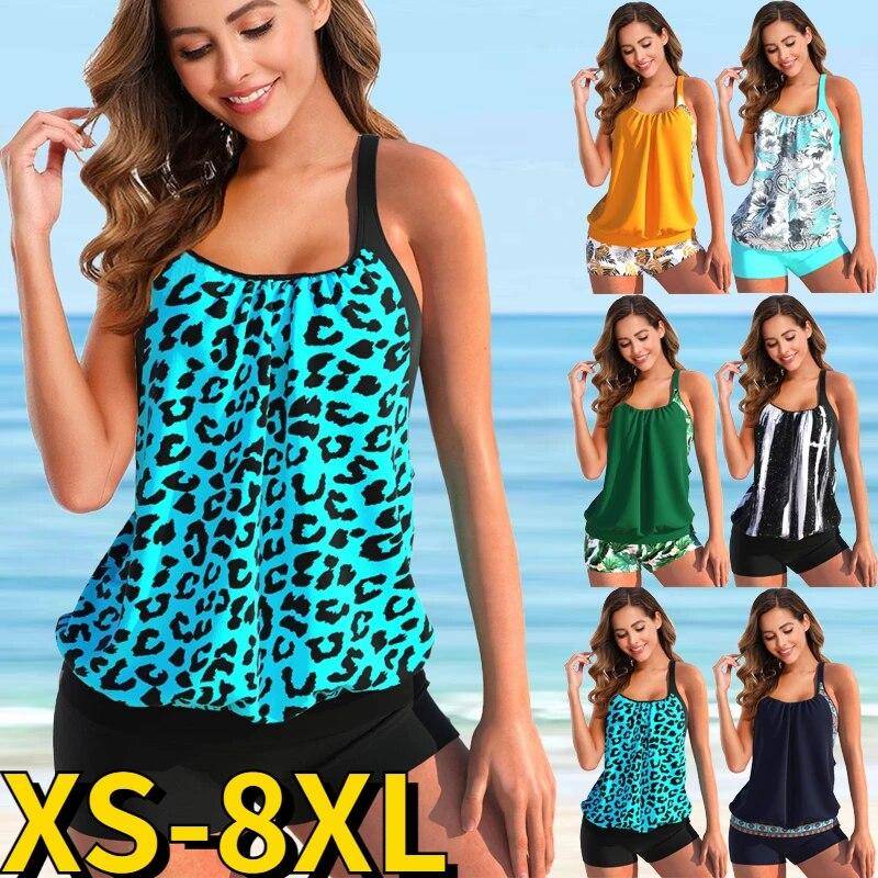 Neue Design Druck Bikinis Sexy Frauen Hohe Taille Tankini Badeanzug Monokini Bademode Frauen Sommer Zwei Stück Set Badeanzug 4XL blau von Joom DACH