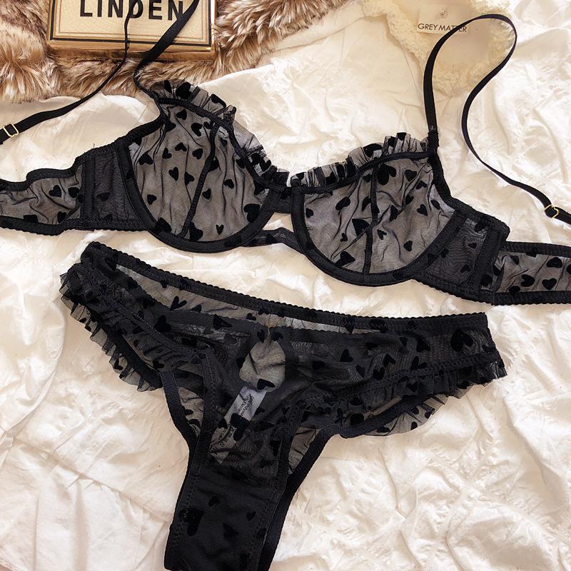 Neue Dessous Tangas Set Sexy Ultra Dünne Transparente Bh Frauen Bügel Push-Up-Bh Set Sommer Romantische Pfirsich Herz Unterwäsche L rauchige schwarz von Joom DACH