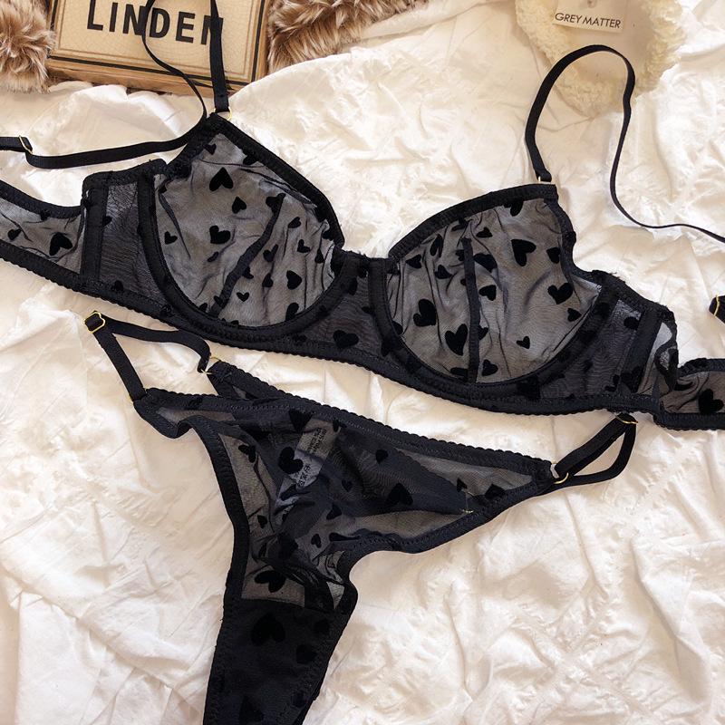 Neue Dessous Tangas Set Sexy Ultra Dünne Transparente Bh Frauen Bügel Push-Up-Bh Set Sommer Romantische Pfirsich Herz Unterwäsche M schwarz von Joom DACH