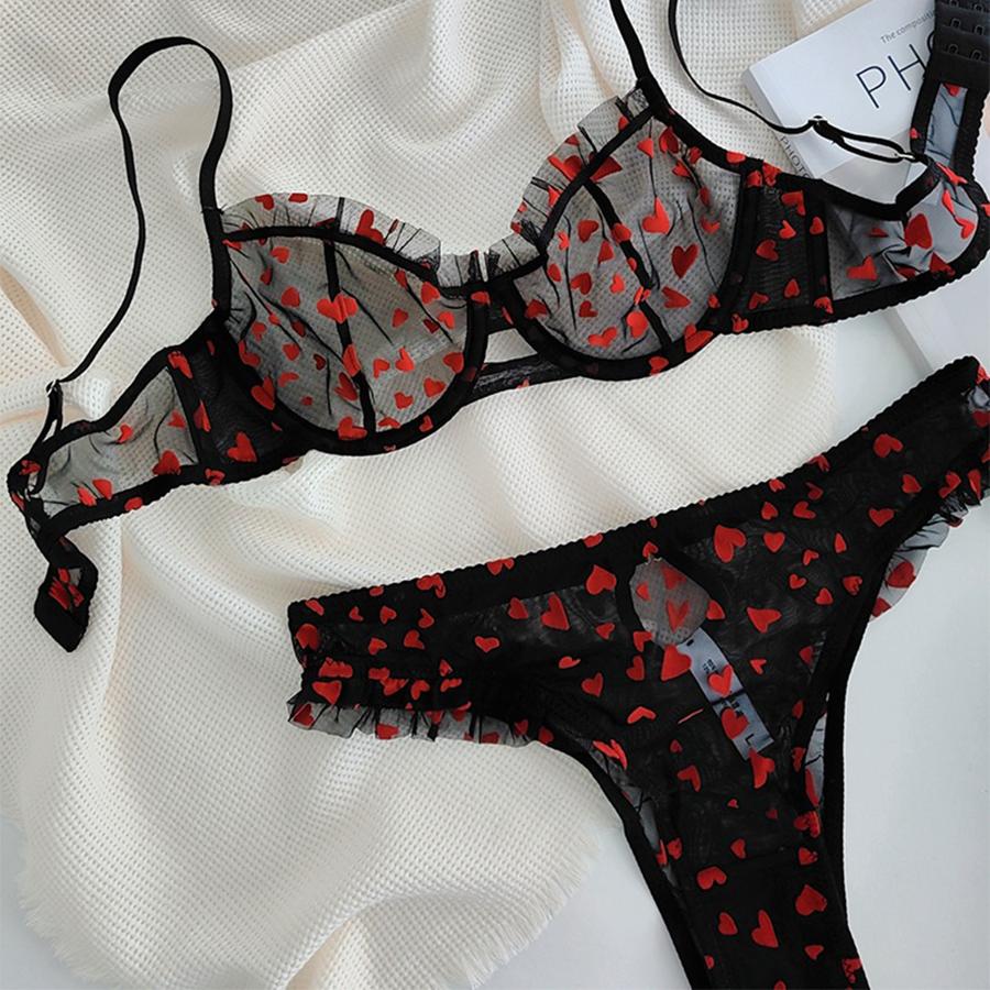 Neue Dessous Tangas Set Sexy Ultra Dünne Transparente Bh Frauen Bügel Push-Up-Bh Set Sommer Romantische Pfirsich Herz Unterwäsche XL rot/schwarz von Joom DACH