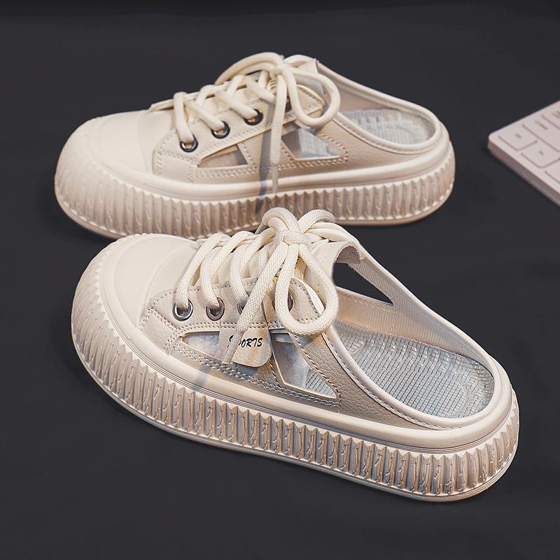 Neue Dickboden-Zehenkappe Halbschuhe Damen Outdoor All-Matching Weiße Schuhe Hohle Atmungsaktive Fersenfreie Sandalen Tide 40 beige von Joom DACH