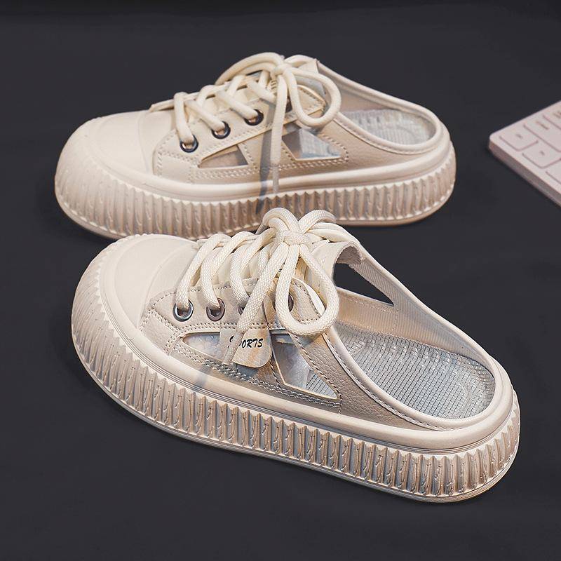 Neue Dickboden-Zehenkappe Halbschuhe Damen Outdoor All-Matching Weiße Schuhe Hohle Atmungsaktive Fersenfreie Sandalen Tide 40 beige von Joom DACH