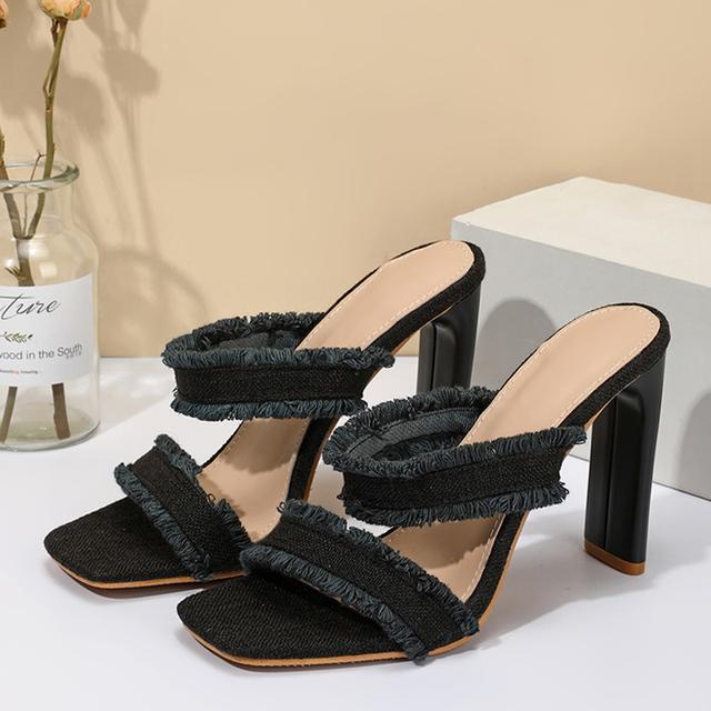 Neue Fashion Square High Heels Pantoletten Damen Hausschuhe Sommer Grün Keine -Woven Damen Sandalen Offene Zehenschieber Schuhe 39 schwarz von Joom DACH