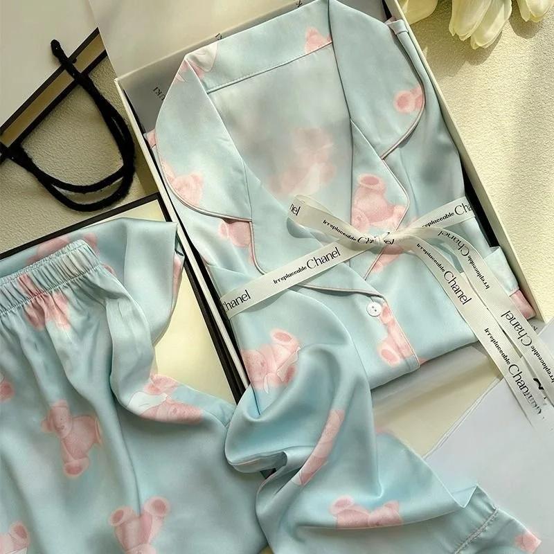 Neue Frau Koreanische Frühling und Herbst Ice Silk Pyjamas Homewear Set Mädchen Langarm Pyjamas Süße und Niedliche Pyjamas Homewear Set L blau von Joom DACH