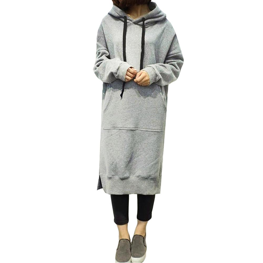 Neue Frauen Lose Lange Sweatshirt Mit Kapuze Kleid Solide Langarm Taschen Split Casual Warme Hoodies L grau von Joom DACH