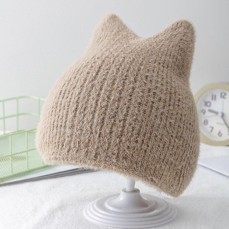 Neue Frauen Nette Katze Ohr Winter Hut Doppel-schicht Kaninchen Pelz Hut Stilvolle Weiche Beanie Hut Für Frauen Warme grils Gestrickte Hut 54cm-62cm khaki von Joom DACH