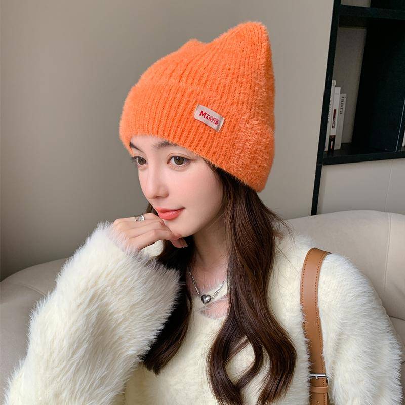 Neue Frauen Nette Katze Ohr Winter Hut Mode Faux Pelz Gestrickte Hut Kpop Stil Weiche Beanie Hüte Weibliche Candy Farben streetwear Kappe 54cm-58cm orange von Joom DACH