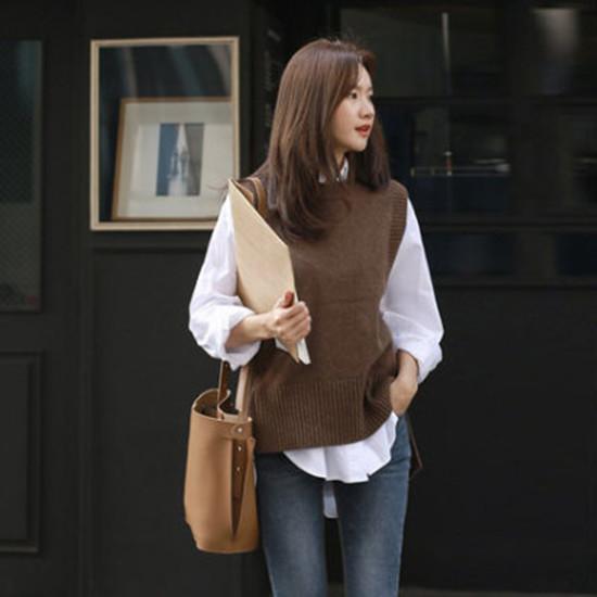 Neue Frauen Pullover Übergrößen Weste Oansatz Ärmellose Pullover Gestrickte Weste Büro Dame Temperament Casual Chic Weste Mantel Winter One Size braun von Joom DACH