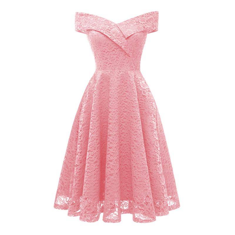 Neu Frauen Stickerei Vintage Spitze Kleid Weg Von der Schulter Kurzarm Casual Abend Elegante XL rosa von Joom DACH