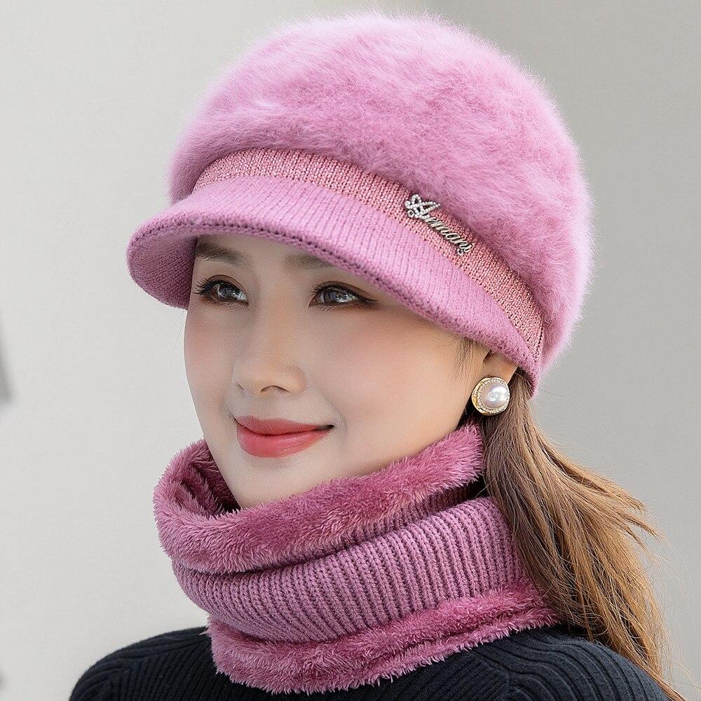 Neue Frauen Winter Hut Warm Halten Kappe Mode Hut Und Schal Set Warme Hüte Für Frauen Casual Kaninchen Fell Winter krempe Gestrickte Hut 55cm-58cm dunkel rosa von Joom DACH