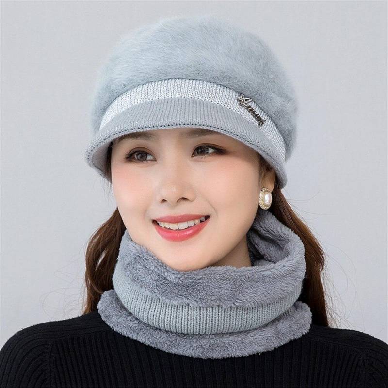 Neue Frauen Winter Hut Warm Halten Kappe Mode Hut Und Schal Set Warme Hüte Für Frauen Casual Kaninchen Fell Winter krempe Gestrickte Hut 55cm-58cm grau von Joom DACH