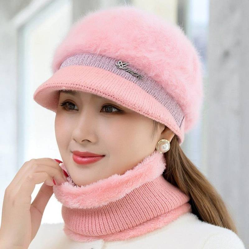 Neue Frauen Winter Hut Warm Halten Kappe Mode Hut Und Schal Set Warme Hüte Für Frauen Casual Kaninchen Fell Winter krempe Gestrickte Hut 55cm-58cm hellrosa von Joom DACH