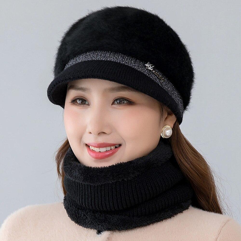 Neue Frauen Winter Hut Warm Halten Kappe Mode Hut Und Schal Set Warme Hüte Für Frauen Casual Kaninchen Fell Winter krempe Gestrickte Hut 55cm-58cm schwarz von Joom DACH