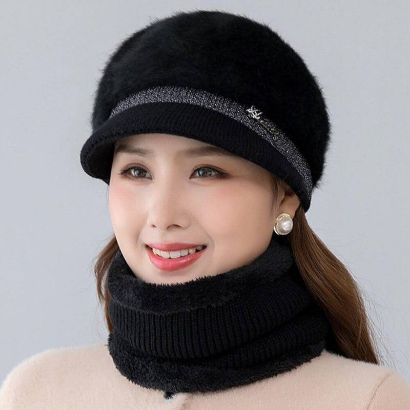 Neue Frauen Winter Hut Warm Halten Kappe Mode Hut Und Schal Set Warme Hüte Für Frauen Casual Kaninchen Fell Winter krempe Gestrickte Hut 55cm-58cm schwarz von Joom DACH