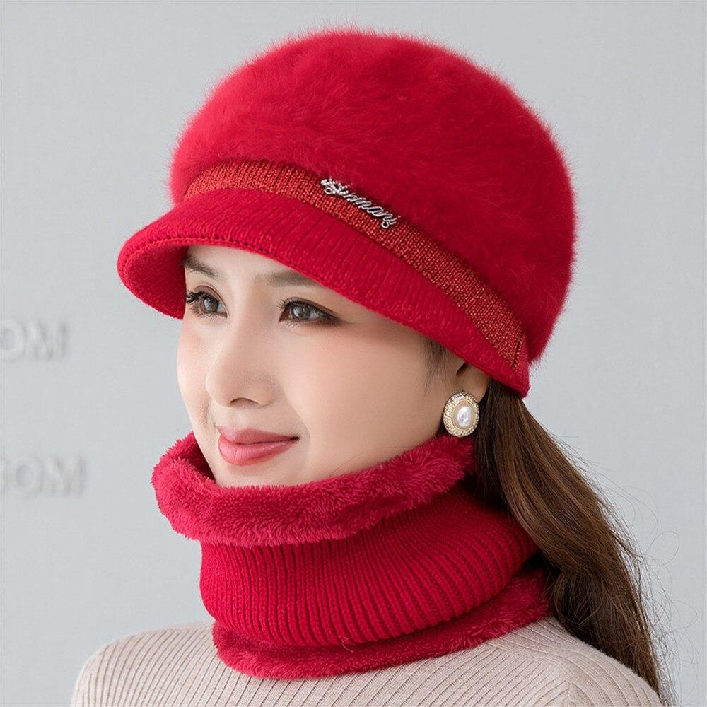Neue Frauen Winter Hut Warm Halten Kappe Mode Hut Und Schal Set Warme Hüte Für Frauen Casual Kaninchen Fell Winter krempe Gestrickte Hut 55cm-58cm rot von Joom DACH