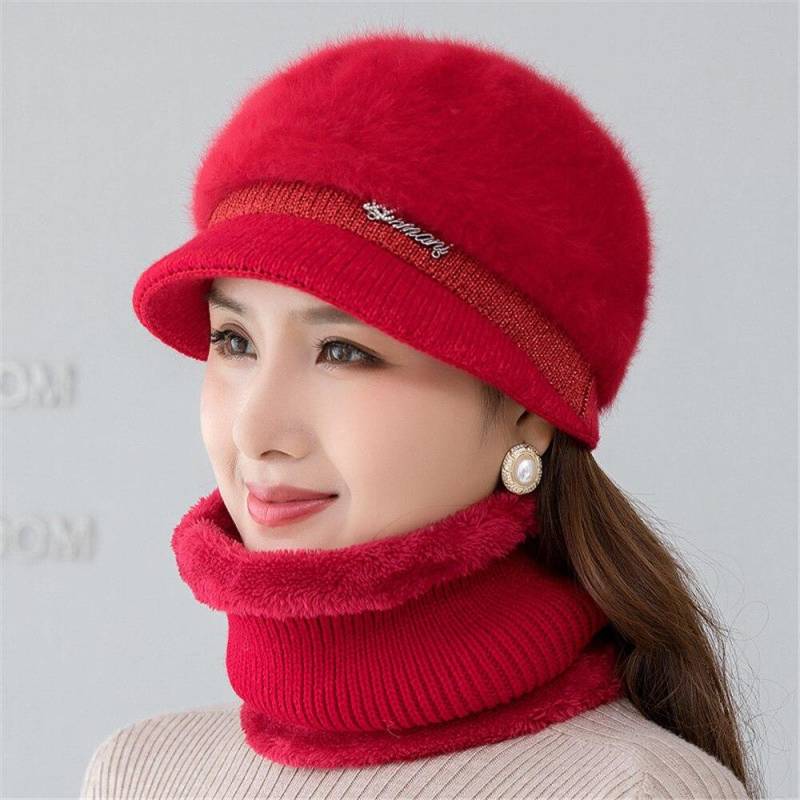Neue Frauen Winter Hut Warm Halten Kappe Mode Hut Und Schal Set Warme Hüte Für Frauen Casual Kaninchen Fell Winter krempe Gestrickte Hut 55cm-58cm rot von Joom DACH