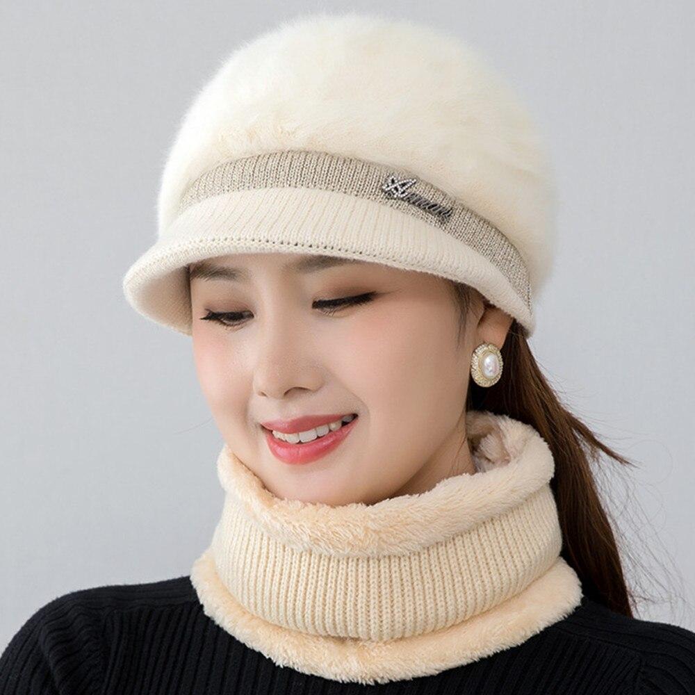 Neue Frauen Winter Hut Warm Halten Kappe Mode Hut Und Schal Set Warme Hüte Für Frauen Casual Kaninchen Fell Winter krempe Gestrickte Hut 55cm-58cm beige von Joom DACH