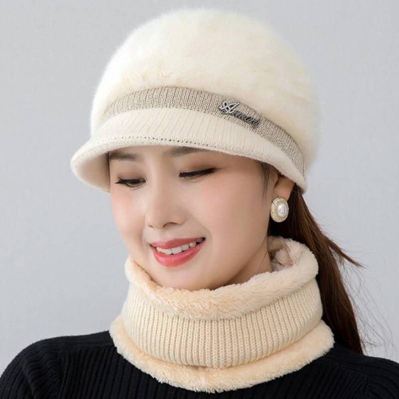 Neue Frauen Winter Hut Warm Halten Kappe Mode Hut Und Schal Set Warme Hüte Für Frauen Casual Kaninchen Fell Winter krempe Gestrickte Hut 55cm-58cm beige von Joom DACH
