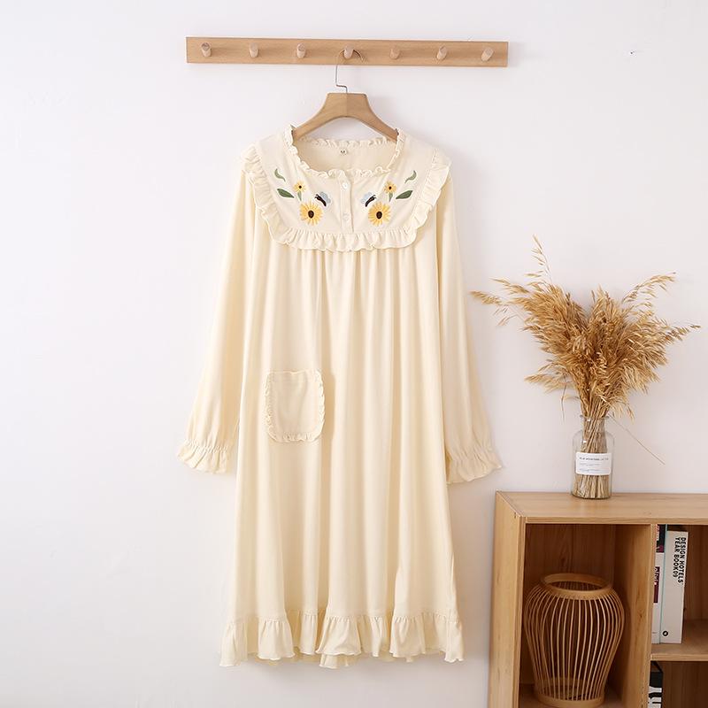 Neue Frühjahr und Sommer frauen Langen Rock 100% baumwolle Lange-ärmeln Rock Kleid Süße Bestickte Nachthemd Hause Kleidung Nachtwäsche XL von Joom DACH