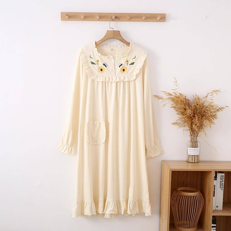 Neue Frühjahr und Sommer frauen Langen Rock 100% baumwolle Lange-ärmeln Rock Kleid Süße Bestickte Nachthemd Hause Kleidung Nachtwäsche XL von Joom DACH