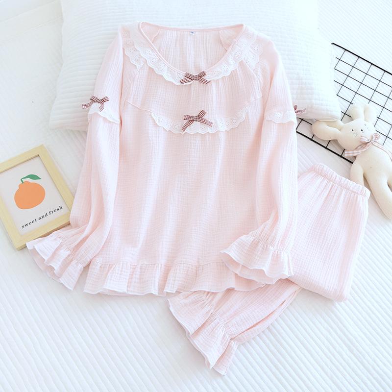 Neue Frühling- und Sommer Japanische Niedliche Damen Pyjamas Langärmelige Hose Zweiteiliges Set 100% Baumwolle Krepp Einfarbig Hausanzug Set XL rosa von Joom DACH