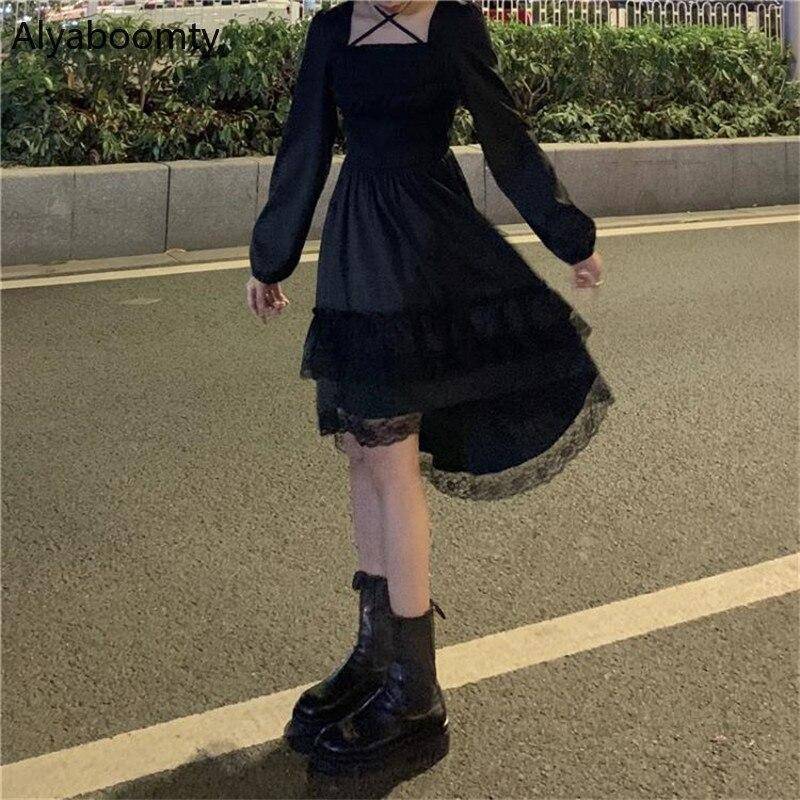 Neue Gothic Frauen Schwarz Fee Party Kleid Kreuz Quadrat Kragen Lolita Prinzessin Unregelmäßige Kleid Nette Kawaii Spitze Rüschen Chic kleid One Size schwarz von Joom DACH