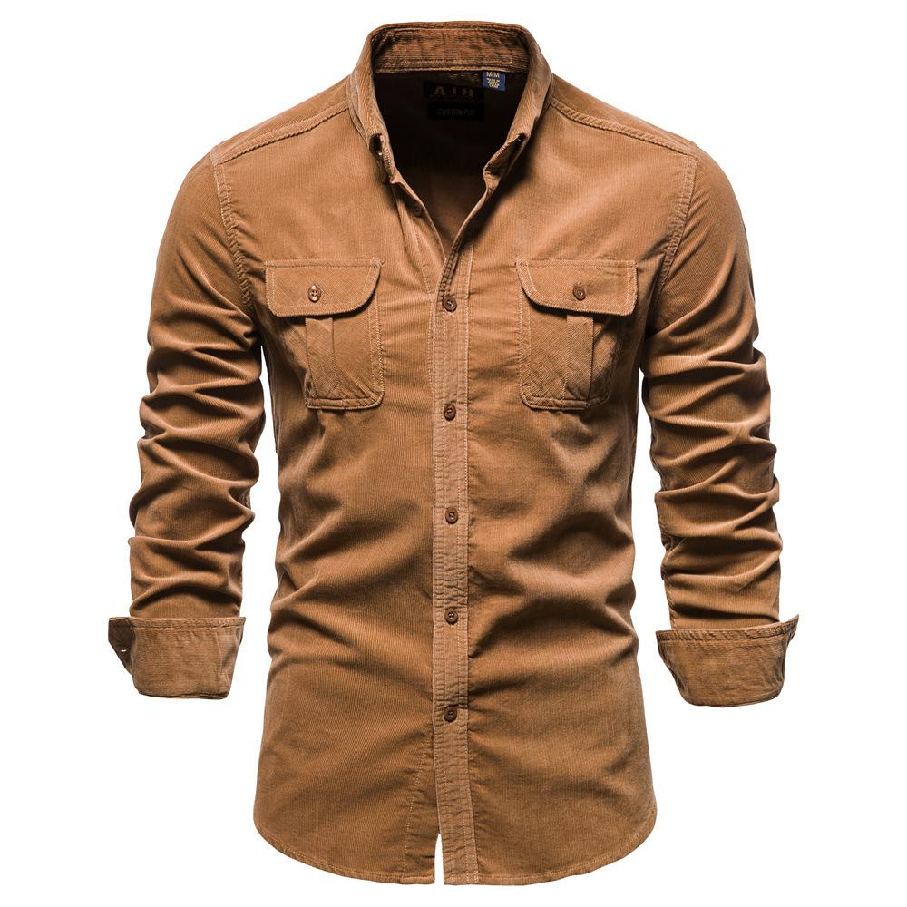 Neue Herbst 100% Baumwolle Cordhemden Herren Einfarbig Slim Fit Lässige Blusen Hohe Qualität Langarm Gesellschaftshemd für Herren XXL braun von Joom DACH