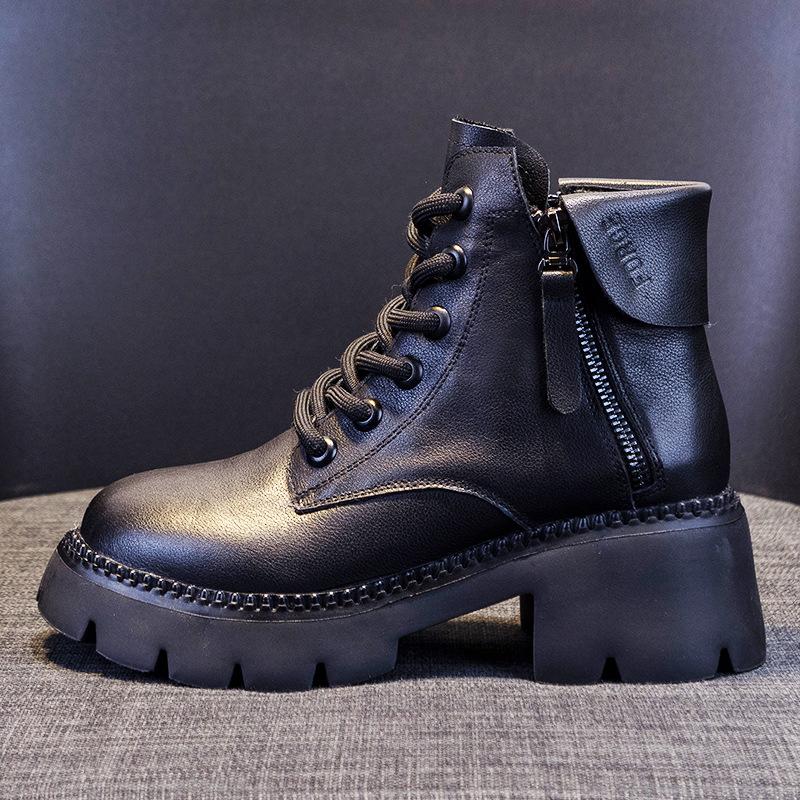 Neue Herbst Damen Echtleder Dicke Sohle Ins Britischer Stil Stiefeletten Frühling und Herbst Dünne Stiefel 40 schwarz von Joom DACH