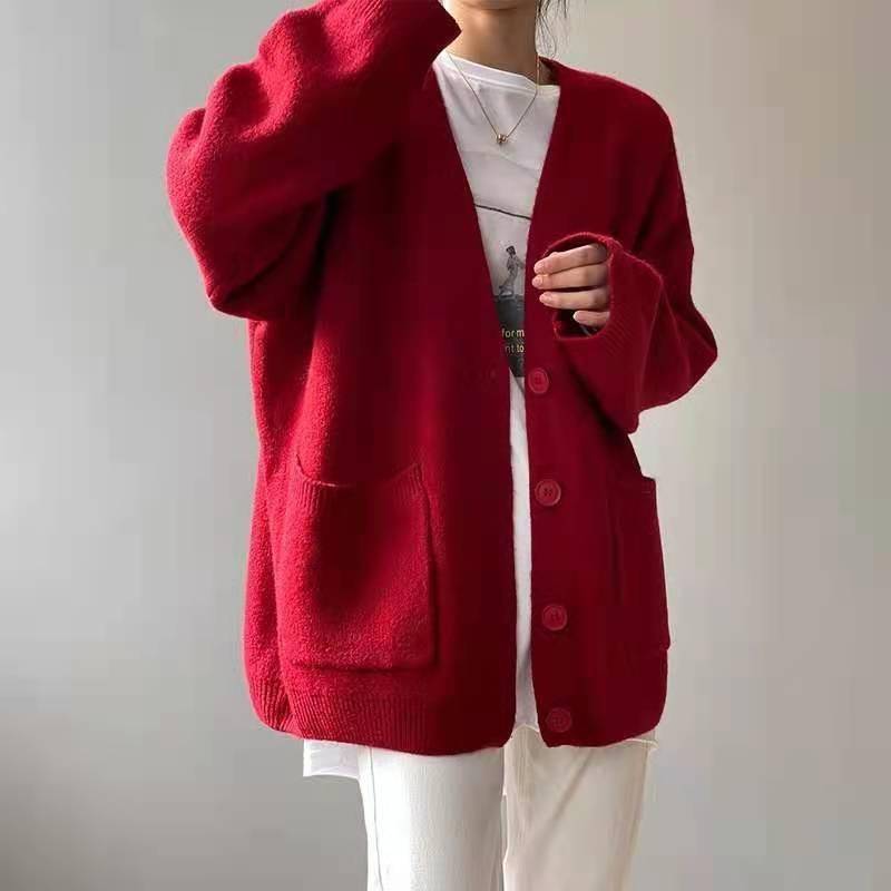 Neue Herbst Pullover Jacke für Frauen Mode Langarm Lose Solide Strick Pullover Strickjacken Frauen Retro V-ausschnitt Casual Strickjacke Winter Kleidung 25289 One Size von Joom DACH
