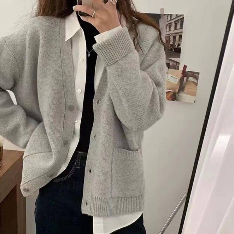 Neue Herbst Pullover Jacke für Frauen Mode Langarm Lose Solide Strick Pullover Strickjacken Frauen Retro V-ausschnitt Casual Strickjacke Winter Kleidung 25289 One Size graue von Joom DACH