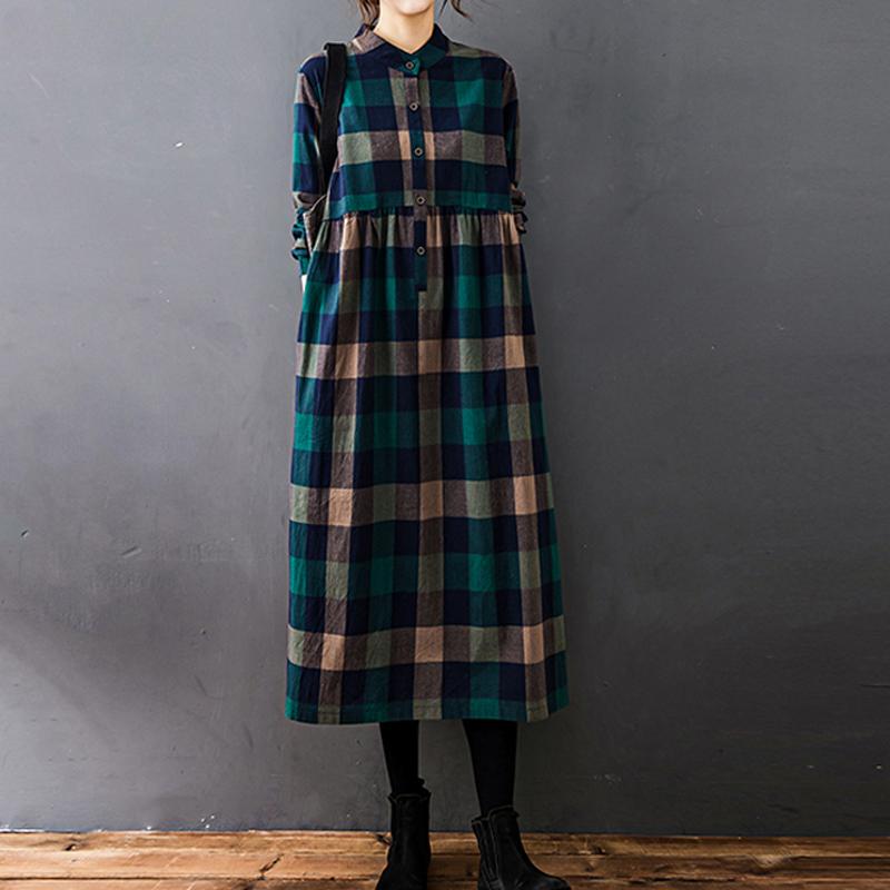 Neue Herbst Winter Frauen Kleid Vintage Plaid Casual Lose Mode Baumwolle Leinen Langarm Elegante Damen Kleider Kleidung L grün von Joom DACH