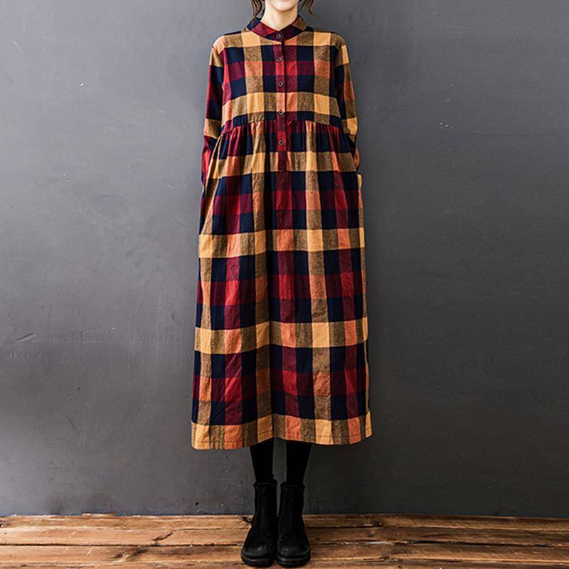Neue Herbst Winter Frauen Kleid Vintage Plaid Casual Lose Mode Baumwolle Leinen Langarm Elegante Damen Kleider Kleidung XXL rot von Joom DACH