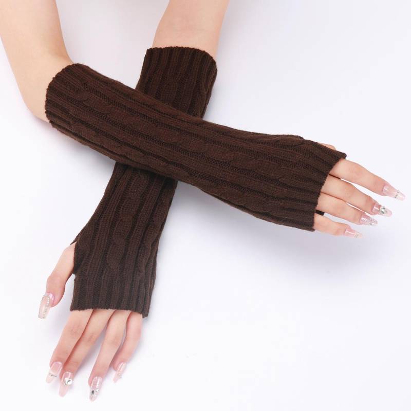 Neue Herbst- und Winter-Strickhandschuhe für Damen und Herren, mittellange warme halbfingerige fingerlose Armstulpen one size dunkelbraune von Joom DACH