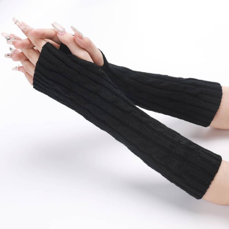 Neue Herbst- und Winter-Strickhandschuhe für Damen und Herren, mittellange warme halbfingerige fingerlose Armstulpen one size schwarz von Joom DACH