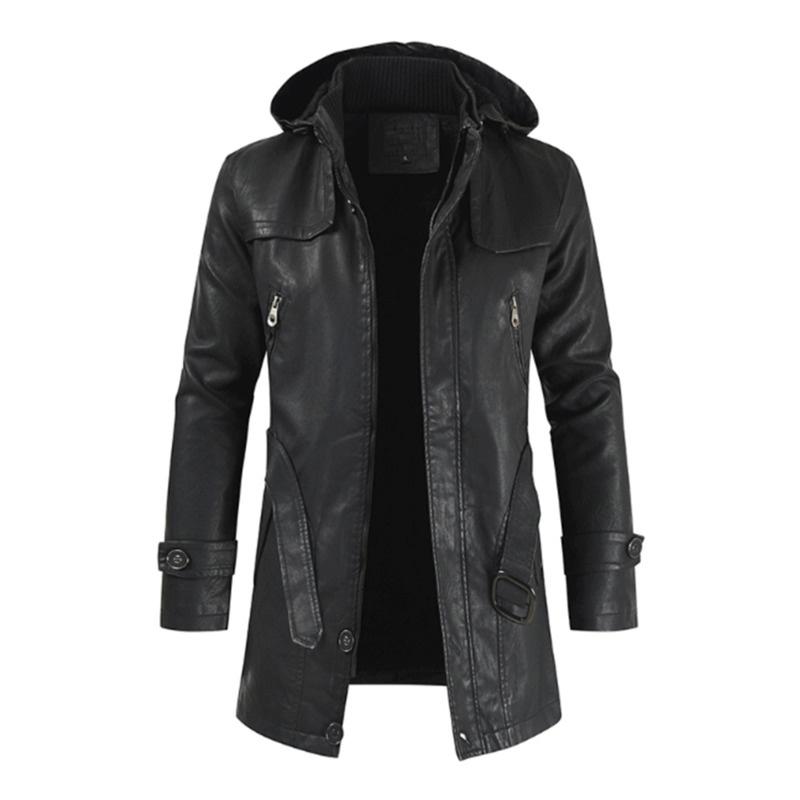 Neue Herbst- und Winterjacke aus Leder für Herren mit Kapuze, langer Trenchcoat, Motorradjacke, trendige Fleecejacke, warme, bequeme Windjacke XL von Joom DACH