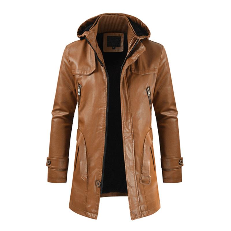 Neue Herbst- und Winterjacke aus Leder für Herren mit Kapuze, langer Trenchcoat, Motorradjacke, trendige Fleecejacke, warme, bequeme Windjacke XXXL von Joom DACH