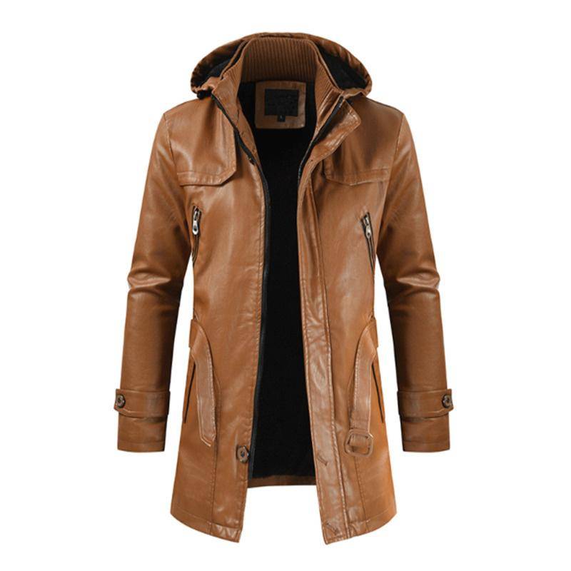 Neue Herbst- und Winterjacke aus Leder für Herren mit Kapuze, langer Trenchcoat, Motorradjacke, trendige Fleecejacke, warme, bequeme Windjacke XXXL von Joom DACH