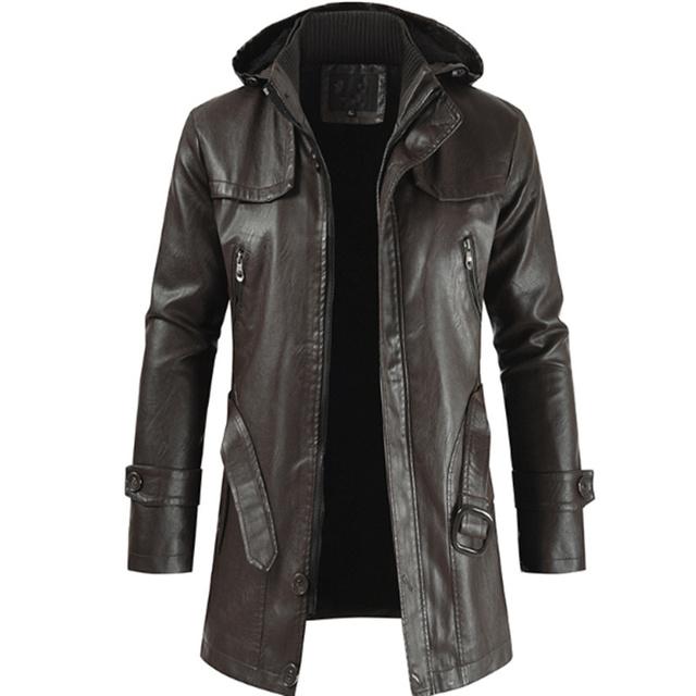 Neue Herbst- und Winterjacke aus Leder für Herren mit Kapuze, langer Trenchcoat, Motorradjacke, trendige Fleecejacke, warme, bequeme Windjacke XXXL von Joom DACH