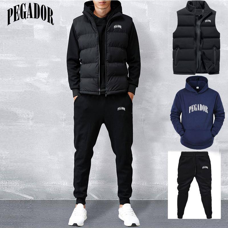 Neue Herbst- und Winterverkäufe für Herren mit einfarbigem, mit Buchstaben bedrucktem Hoodie + Weste + Hose, lässigem Sportpaar, dreiteiligem Set S navy blau von Joom DACH