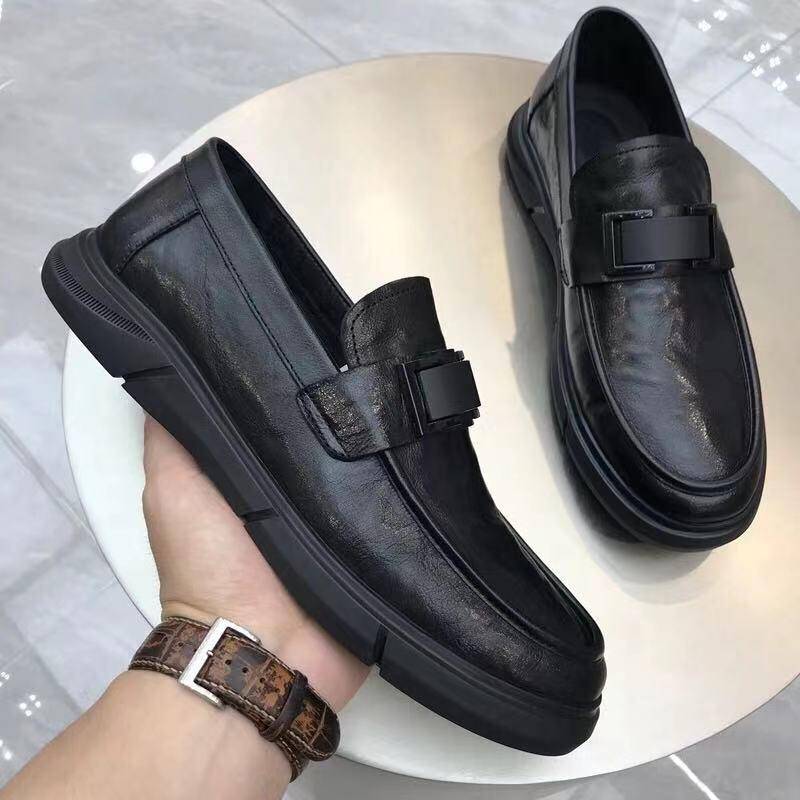 Neue Herren Lederschuhe Runde Zehenpartie Low-Cut Atmungsaktive Slip-on Peas Schuhe Casual Business Loafers 40 schwarz von Joom DACH