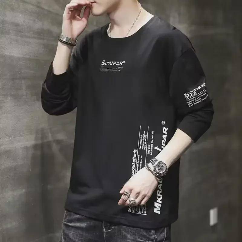 Neue Herren Slim Fit Langarm Rundhals T-Shirts - Stilvolle Koreanische Herbstmode mit Schriftzug L von Joom DACH