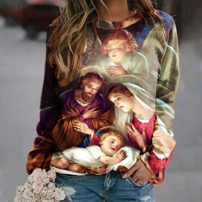 Neue Jesus Christus Sweatshirts Jungfrau Maria 3D Druck Hoodies Damen Langarm Y2k Hoodie Übergroße Pullover Tops Damenbekleidung 8xl von Joom DACH