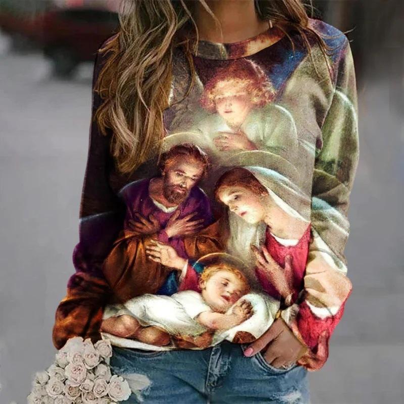 Neue Jesus Christus Sweatshirts Jungfrau Maria 3D Druck Hoodies Damen Langarm Y2k Hoodie Übergroße Pullover Tops Damenbekleidung XL von Joom DACH