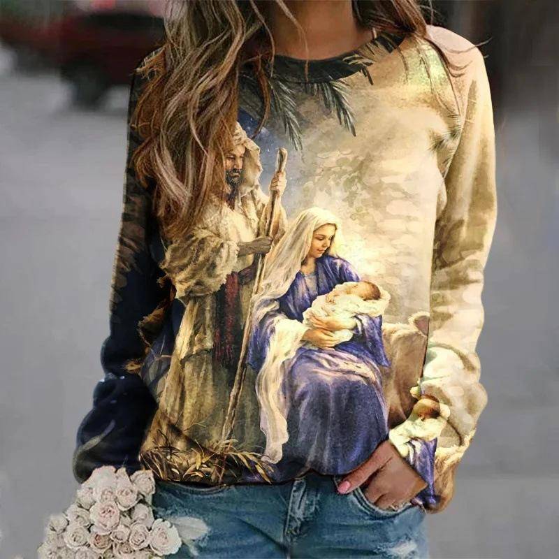 Neue Jesus Christus Sweatshirts Jungfrau Maria 3D Druck Hoodies Damen Langarm Y2k Hoodie Übergroße Pullover Tops Damenbekleidung XL von Joom DACH