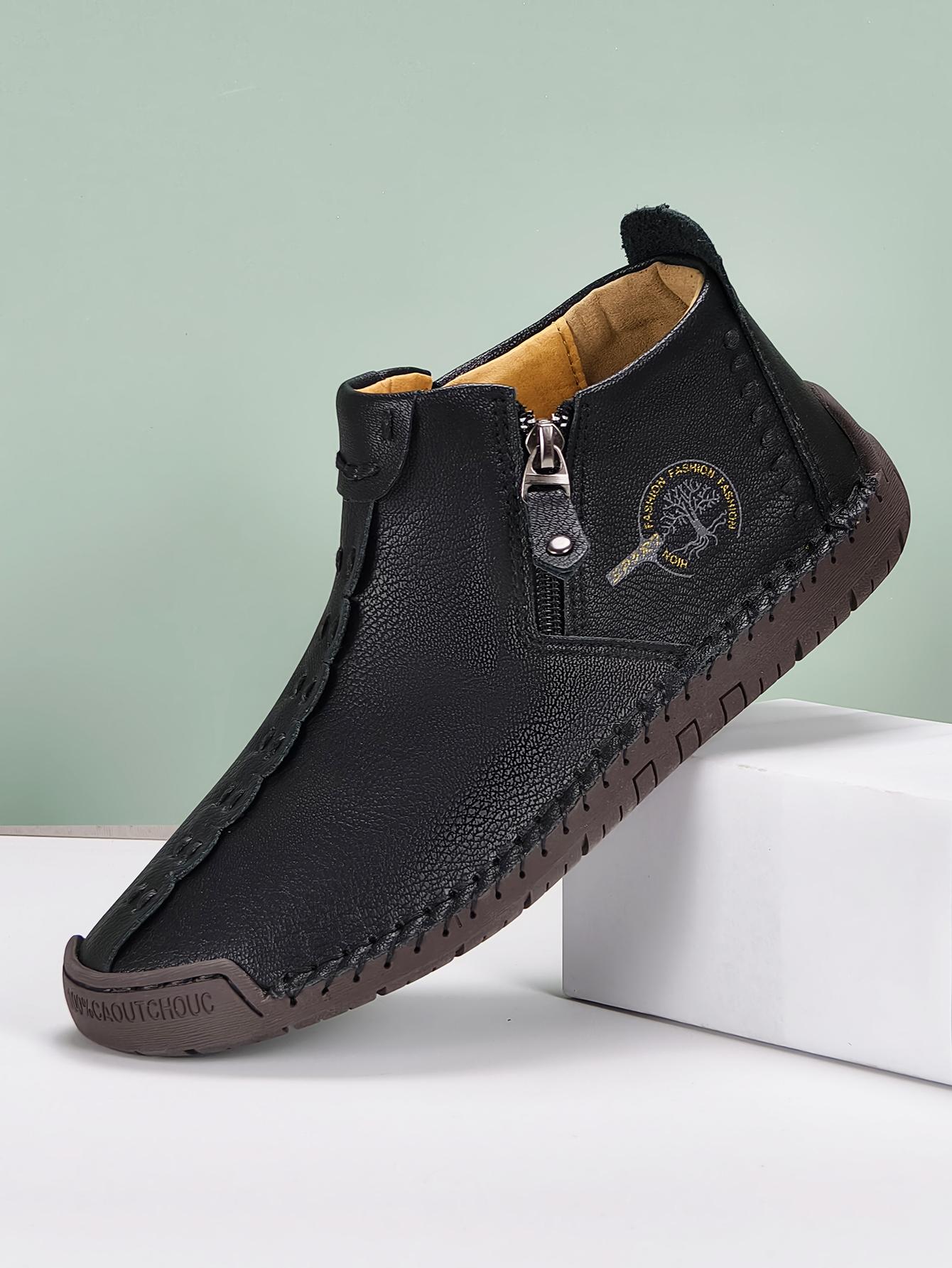 Neue Klassische Handgefertigte Leder Herrenschuhe Reißverschluss-Design Outdoor-Sneakers Slipper Atmungsaktive Freizeitschuhe Leder Herren Stiefeletten 39 schwarz von Joom DACH
